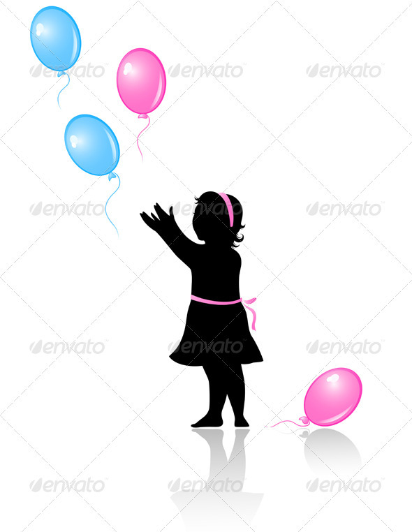 Little Girl with Flying Colored Balloons - People Characters