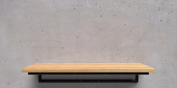 Empty Wooden Shelf On Concrete Wall Background Perspective View 3d Illustration Stock Photo By Rawf8