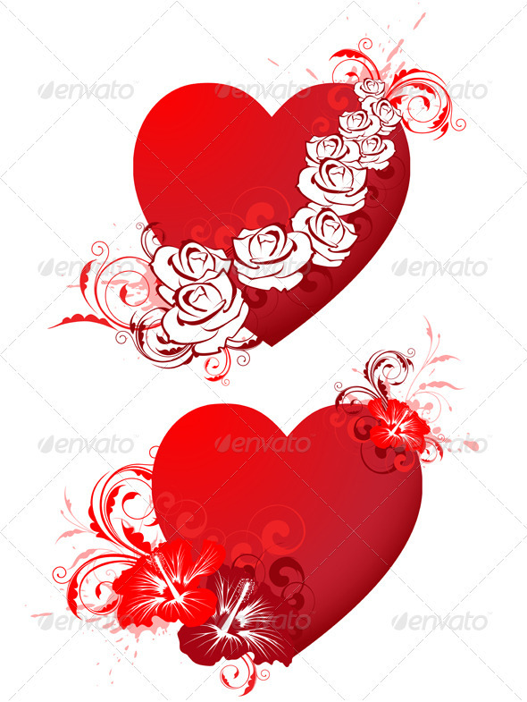Red Hearts with Floral Ornament and Wings - Valentines Seasons/Holidays