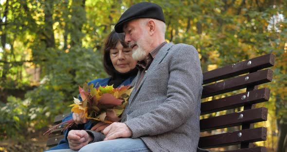 Happy Elderly Family Spends Leisure Sitting on a Bench in the Fresh Air of an Autumn City Park. The alt