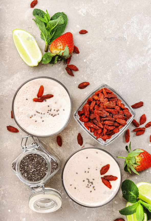 Organic vegan non dairy smoothie with strawberry and goji berries - Stock Photo - Images