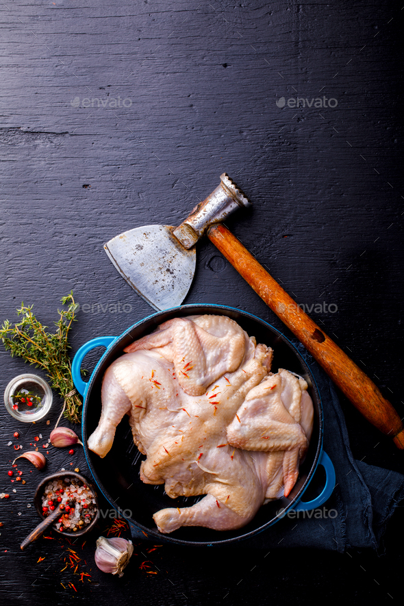 Whole Raw Chicken with Herbs and Spices .Food Ingredient Cooking Background - Stock Photo - Images