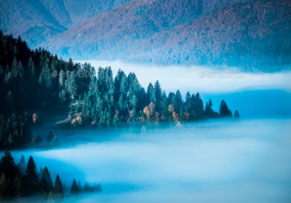 Beautiful morning landscape with autumn foggy mountains - Stock Photo - Images