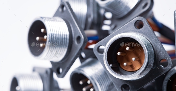Close-up blurry metal sockets for plugs - Stock Photo - Images
