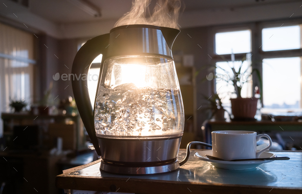 Transparent kettle with water boils - Stock Photo - Images