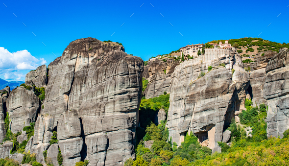 Meteora monastery on Corfu mountains with greenery - Stock Photo - Images