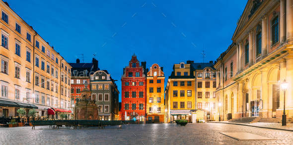 Stockholm, Sweden. Famous Old Colorful Houses, Swedish Academy and Nobel Museum In Old Square - Stock Photo - Images