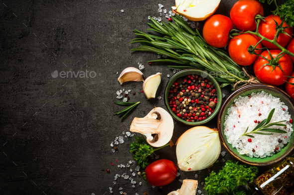 Food cooking background on black kitchen table Stock Photo by Nadianb