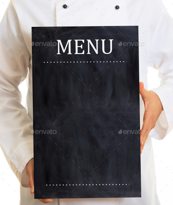 Chef, waiter wearing white uniform, holds a blank menu board, standing on white background.