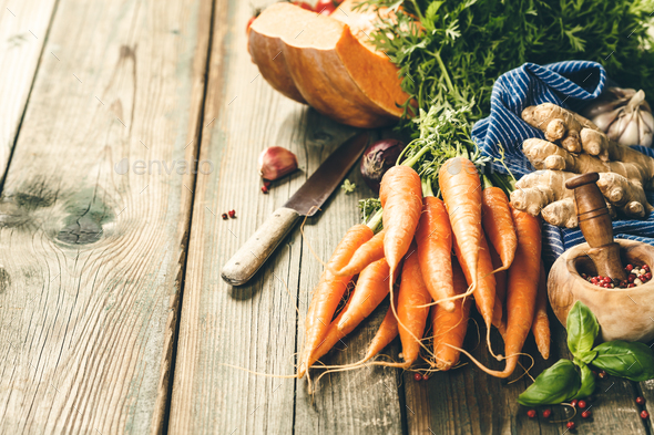 Healthy food cooking background. Thanksgiving, autumn, harvest, halloween concept - Stock Photo - Images