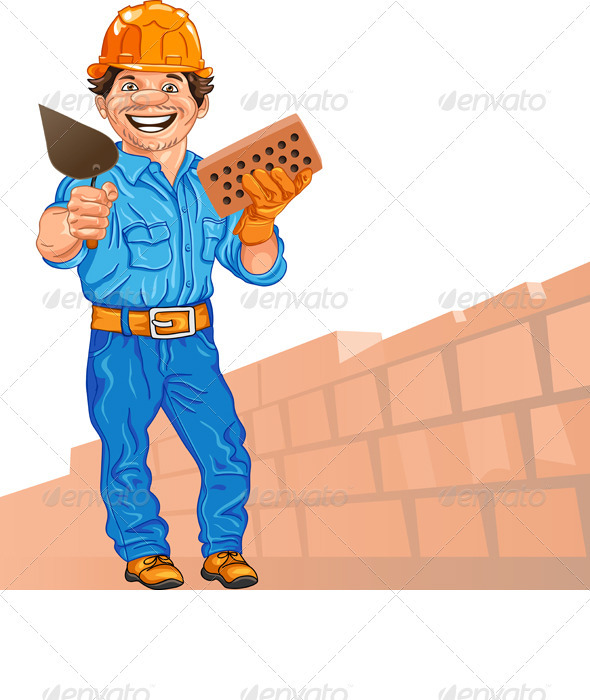 vector cheerful bricklayer with brick and trowel