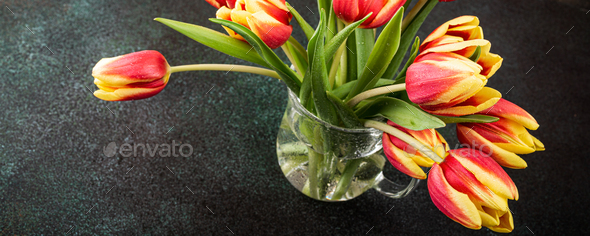 Red yellow tulips in glass vases - Stock Photo - Images