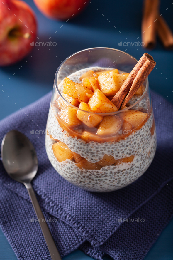 chia pudding with cinnamon simmered apples and peanut butter