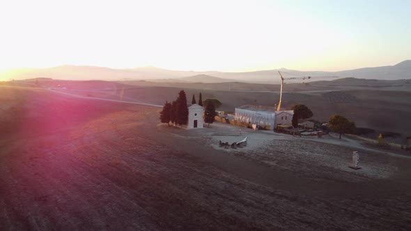 Chapel Vitaleta in Val d'Orcia Tuscany Rolling Hills Aerial alt