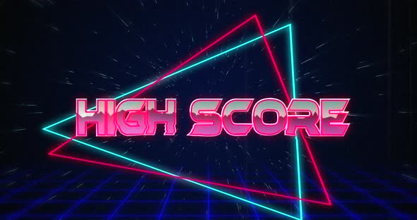 Retro High Score text glitching over blue and red triangles 4k alt