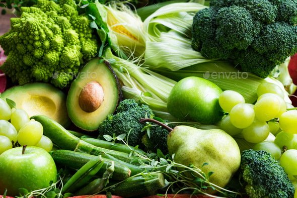Fresh Raw Autumn Green Vegetables and Fruits - Stock Photo - Images