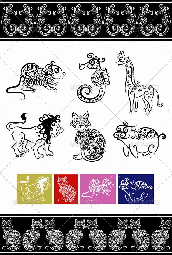 Animal ornaments (cat, lion, seahorse, etc.)