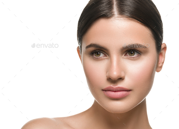 Beauty skin woman face healthy skin beautiful model close up face natural makeup brunette hair - Stock Photo - Images