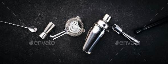 Shaker, jigger, strainer, spoon, tongs, muddler. Alcohol drink and beverages preparation concept - Stock Photo - Images