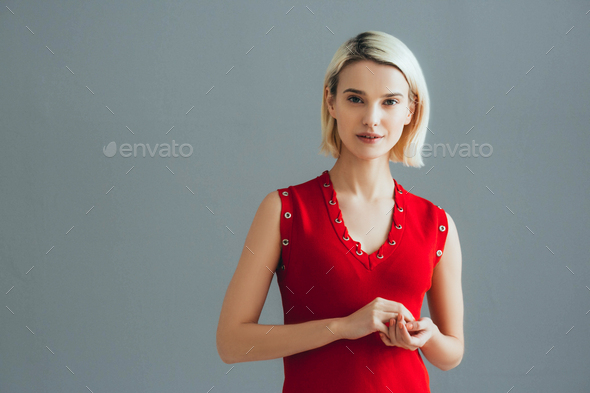 Nice Woman In Red Dress Blonde Short Hair Fashion Female Portrait Cute