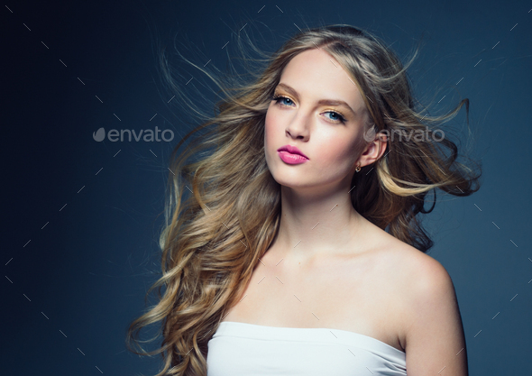 Blonde Curly Hair Woman Young Female Model With Pink Lips And Beautiful