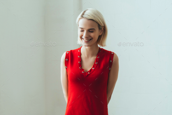 Nice Woman In Red Dress Blonde Short Hair Fashion Female Portrait Cute