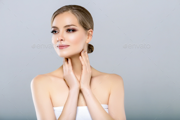 Female skin care portrait. Healthy skin woman woth blonde hair and beauty makeup. - Stock Photo - Images