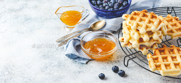 Home made Belgian waffles served with berries - Stock Photo - Images