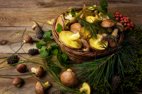 Wicker basket with mushrooms and berries, close up. - Stock Photo - Images