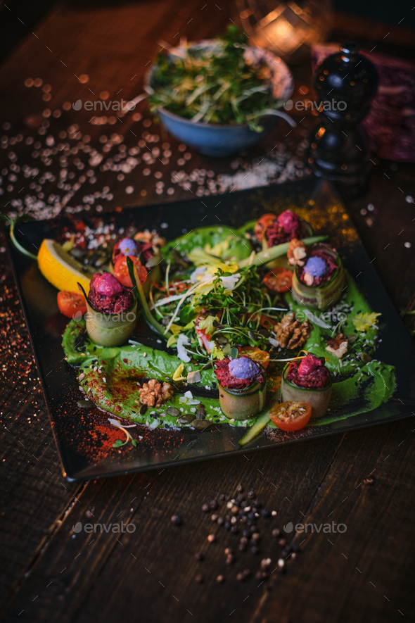 Vegetable salad on plate, Haute Cuisine stock photo