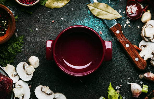 Fresh organic vegetables, ingredients, spices and meat for soup or broth - Stock Photo - Images