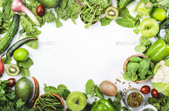 Variety of green vegetables and fruits. Healthy food clean eating: vegetable, seeds, superfood - Stock Photo - Images