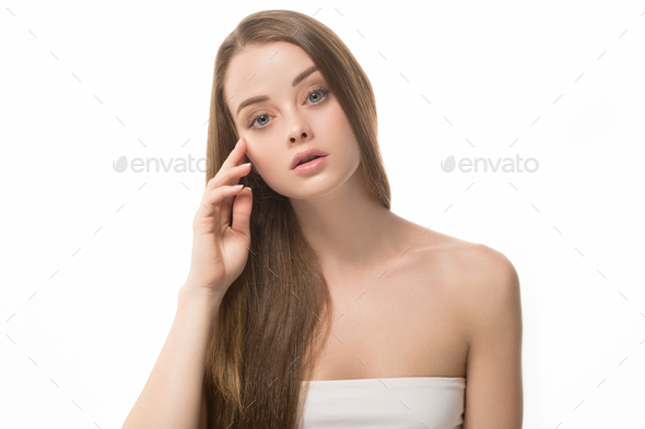 Long hair woman beauty healthy skin clean natural make up - Stock Photo - Images