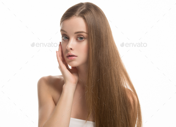 Long hair woman beauty healthy skin clean natural make up - Stock Photo - Images