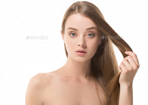 Long hair woman beauty healthy skin clean natural make up - Stock Photo - Images