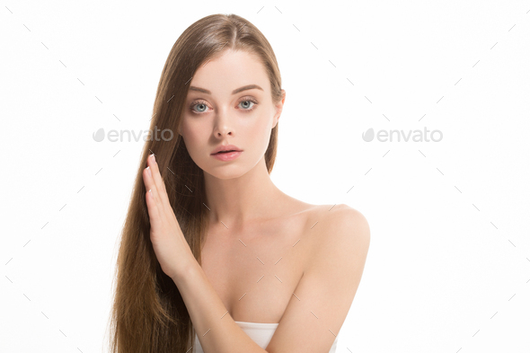Long hair woman beauty healthy skin clean natural make up - Stock Photo - Images