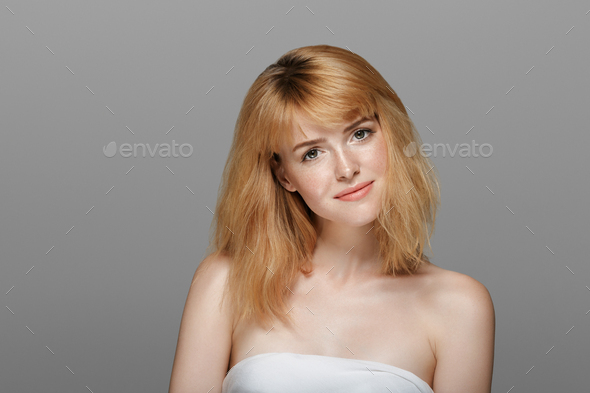 Beauty woman with red hair freckles skin - Stock Photo - Images