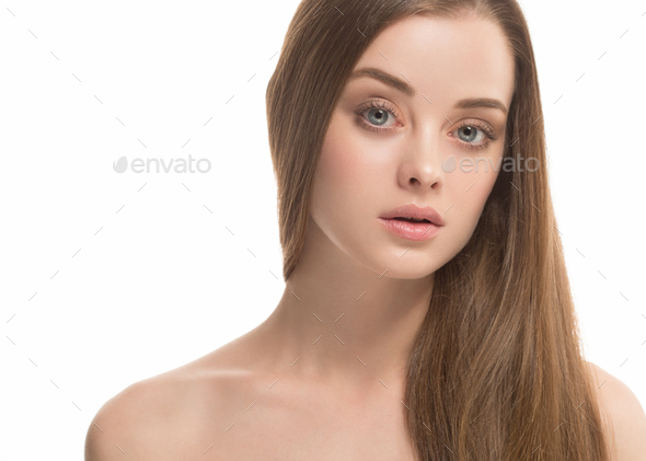 Long hair woman beauty healthy skin clean natural make up - Stock Photo - Images