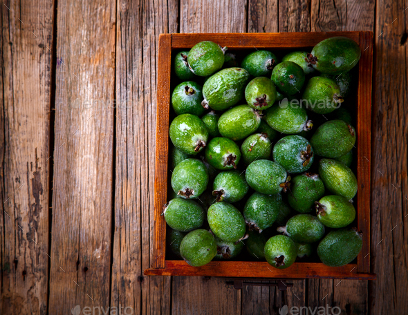 Feijoa Fruits. Fresh ripe sweet .Tropical fruit. - Stock Photo - Images