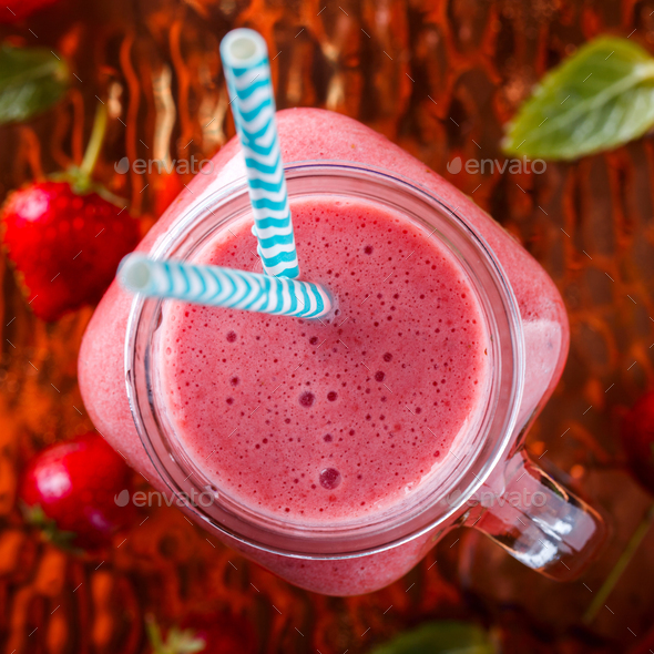 Strawberry Smoothie,Drink in a glass Jar - Stock Photo - Images