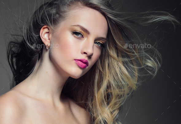 Blonde Curly Hair Woman Young Female Model With Pink Lips And Beautiful 