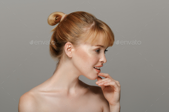 Beauty Woman face Portrait. Beautiful model Girl with Perfect Fresh Clean Skin color lips purple - Stock Photo - Images