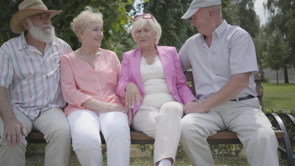 Two Cute Mature Couples Talking and Smiling Sitting on the Bench in the Summer Park alt