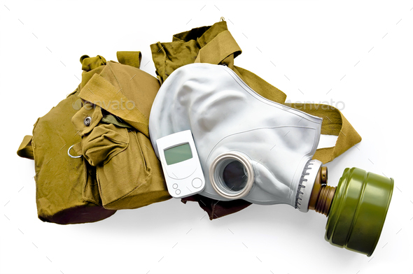 Gas mask with carrying case and a radiometer