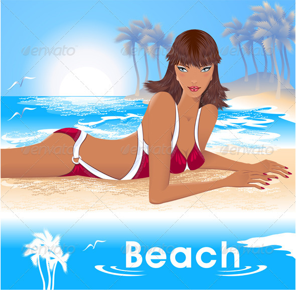 Beautiful Girl on Beach with sea, with palm 