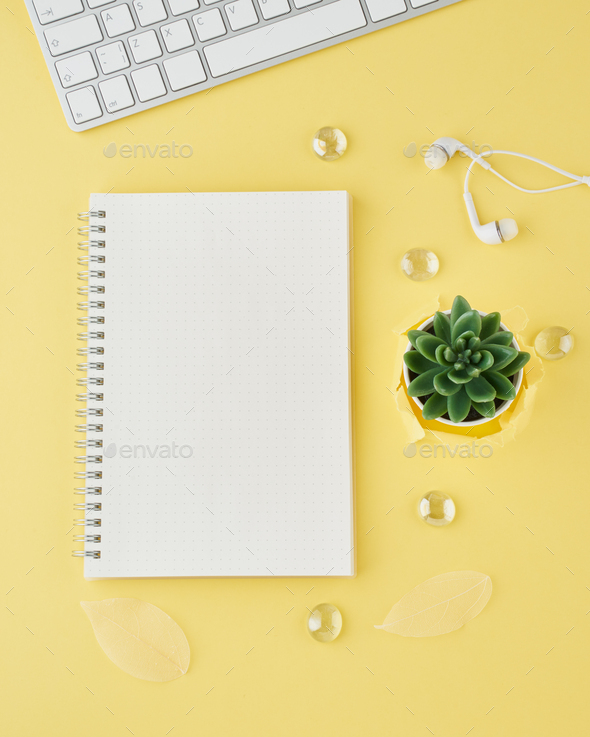 Download Blank Notepad Page In Bullet Journal On Bright Yellow Office Desktop Stock Photo By Natabuena