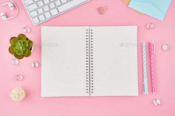 Download Blank Notepad Page In Bullet Journal On Bright Pink Office Desktop Stock Photo By Natabuena