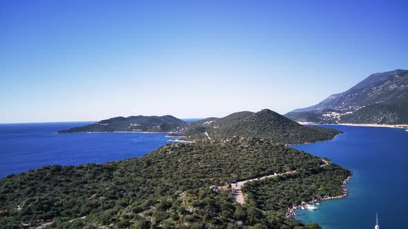 The top view from the drone of Kas resorts, bay, yahts, city in Mugla in Turkey alt