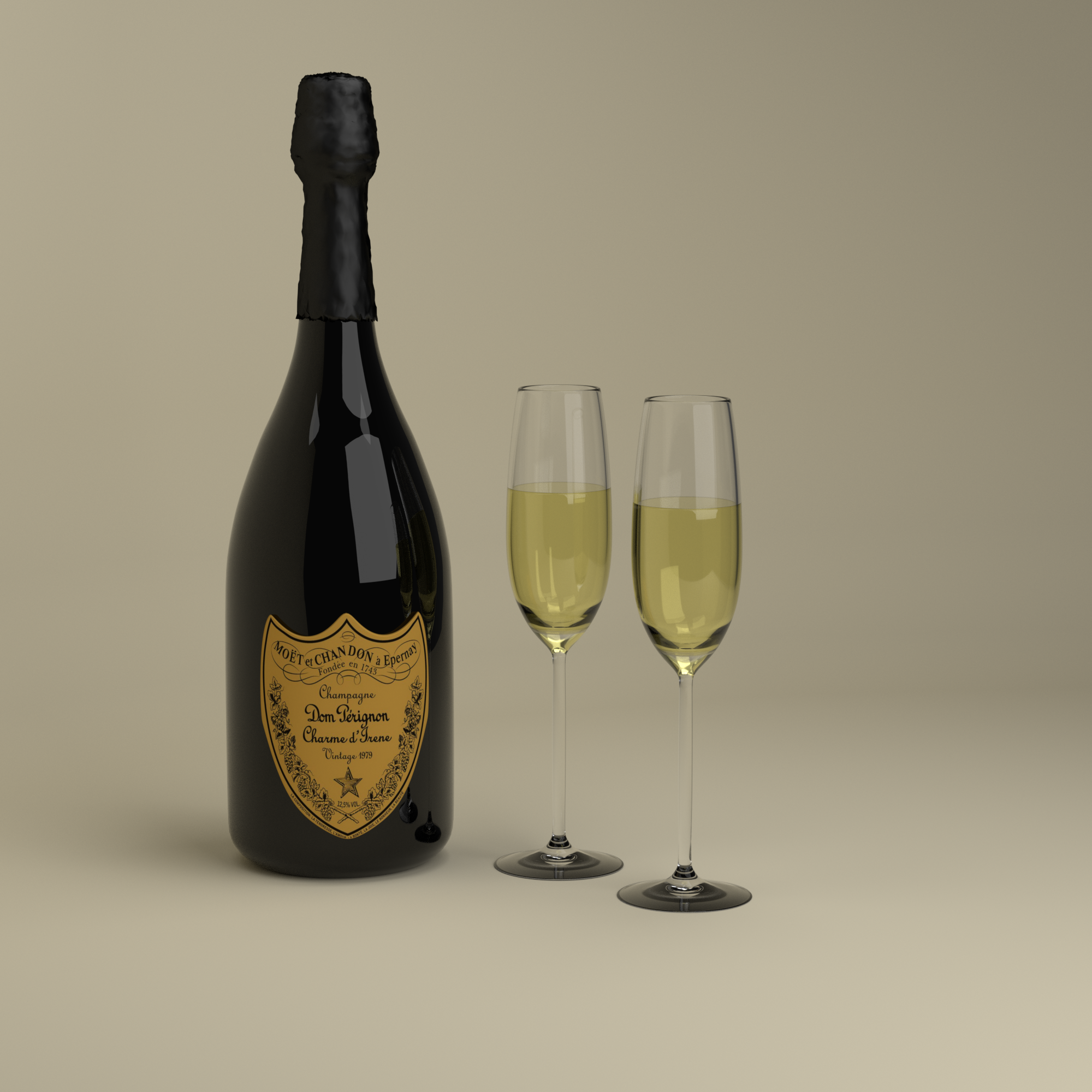 Champagne Dom Perignon Charme D'Irene Vintage 1979 and wineglasses