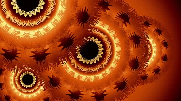 Abstract visualization of orange, yellow, black, and brown flower turning. alt